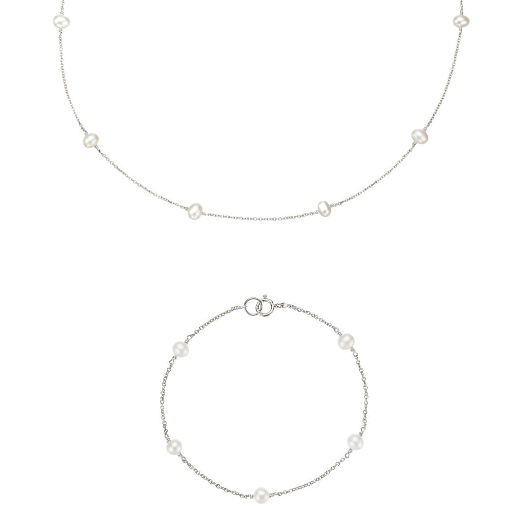 Silver Ten Pearl Choker and Five Pearl Bracelet Gift Set