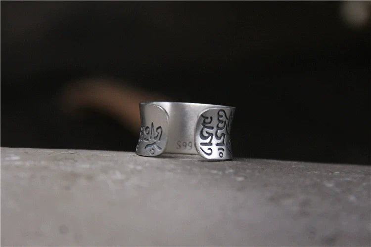 S999 Silver Matte Six-Character Mantra Retro Ring for Men and Women Open-Ring Design - Touch Bling