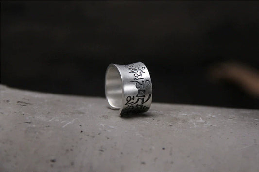 S999 Silver Matte Six-Character Mantra Retro Ring for Men and Women Open-Ring Design - Touch Bling