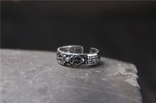 S925 Sterling Silver Six-Character Mantra Vajra Pestle Ring, Adjustable Opening - Touch Bling