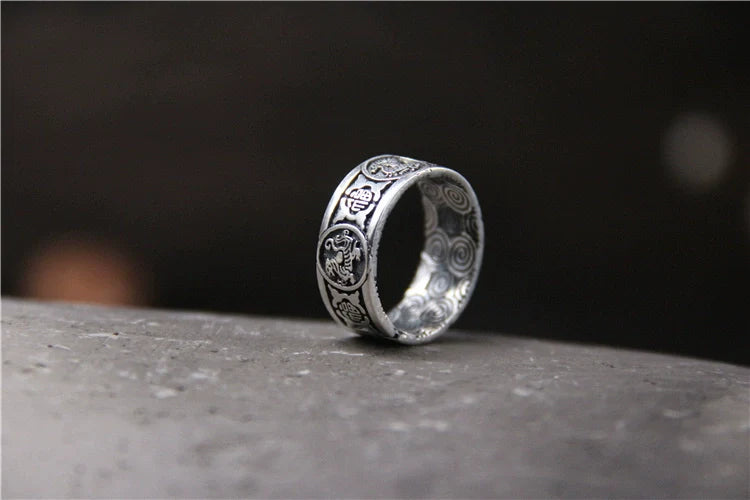 Handmade Sliver Ring Retro and Old Lucky Character Four Divine Beast Ring - Touch Bling