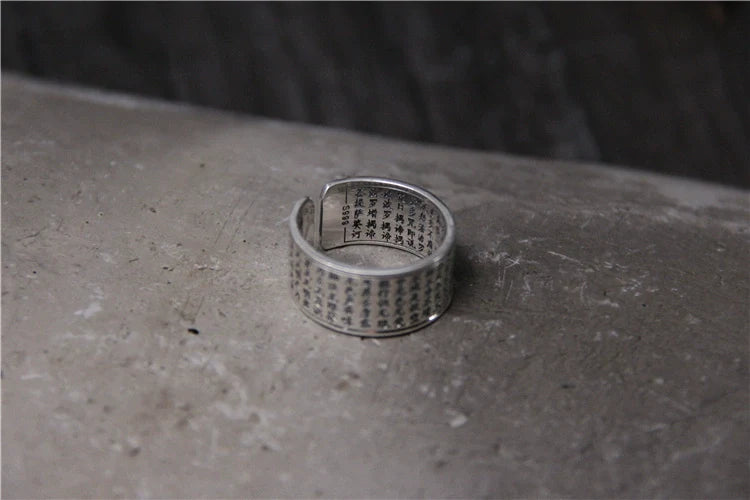 Pure Silver Heart Sutra Ring Women's Tibetan Body Protection Safety Opening Jewelry S999 Sterling Silver Retro Ring - Touch Bling