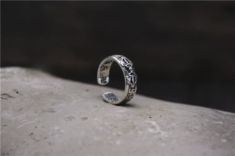S925 Sterling Silver Six-Character Mantra Vajra Pestle Ring, Adjustable Opening - Touch Bling