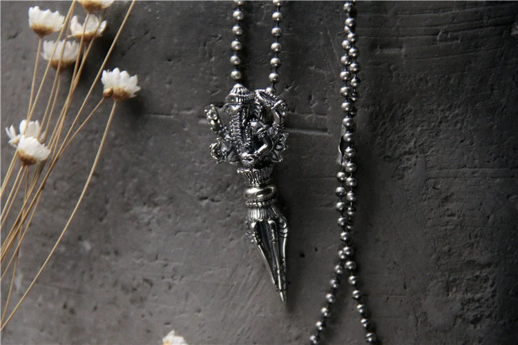 S925 Sterling Silver Personalized Necklace Pendant Elephant Trunk God of Wealth Vajra Pestle Pendant - Touch Bling