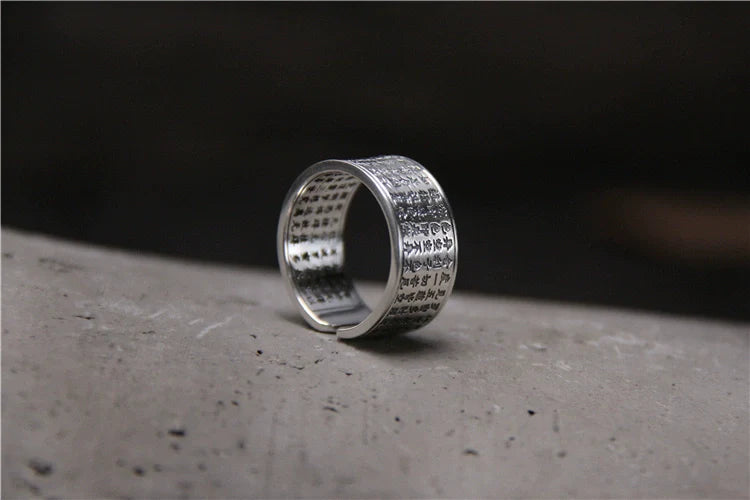 Pure Silver Heart Sutra Ring Women's Tibetan Body Protection Safety Opening Jewelry S999 Sterling Silver Retro Ring - Touch Bling
