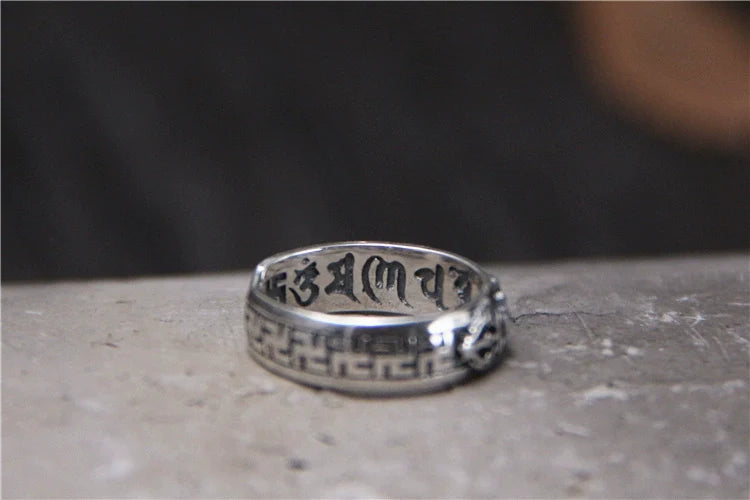 S925 Sterling Silver Six-Character Mantra Vajra Pestle Ring, Adjustable Opening - Touch Bling