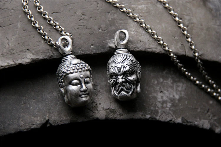 S999 Sterling Silver Necklace Double-Sided Buddha and Demon Pendant - Touch Bling
