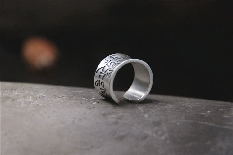 S999 Silver Matte Six-Character Mantra Retro Ring for Men and Women Open-Ring Design - Touch Bling
