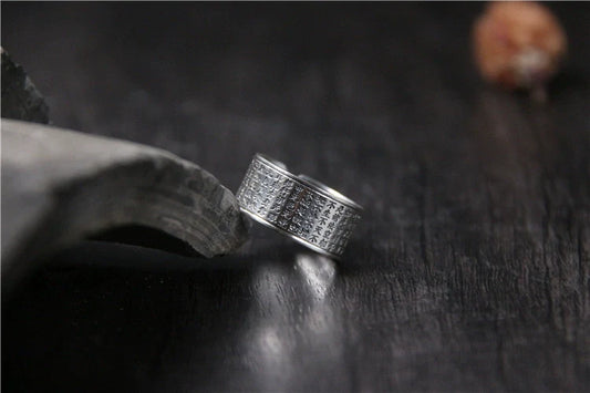 Pure Silver Heart Sutra Ring Women's Tibetan Body Protection Safety Opening Jewelry S999 Sterling Silver Retro Ring - Touch Bling
