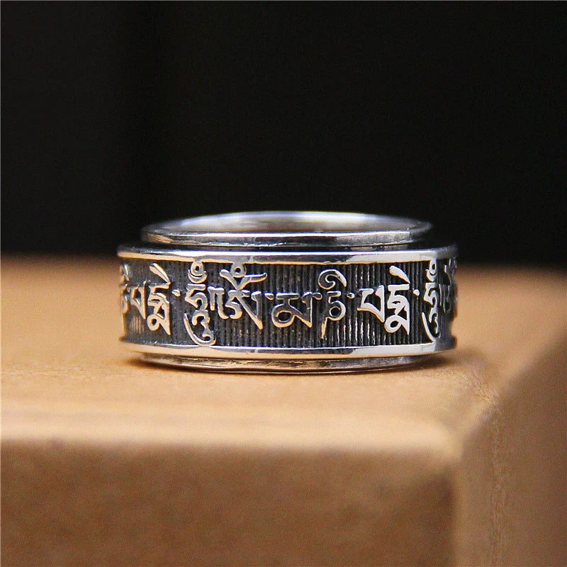 Rotatable Tibetan Sanskrit Six Character Mantra Sterling Silver Ring - Touch Bling