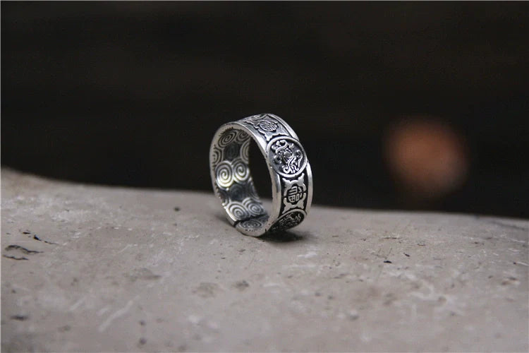 Handmade Sliver Ring Retro and Old Lucky Character Four Divine Beast Ring - Touch Bling