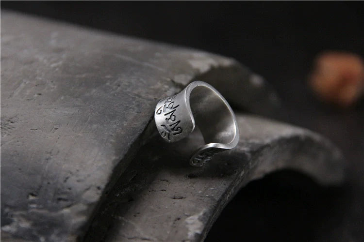 S999 Silver Matte Six-Character Mantra Retro Ring for Men and Women Open-Ring Design - Touch Bling