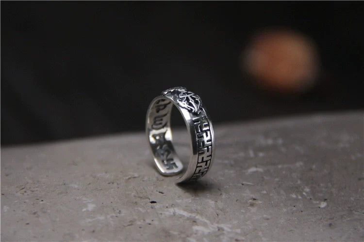 S925 Sterling Silver Six-Character Mantra Vajra Pestle Ring, Adjustable Opening - Touch Bling