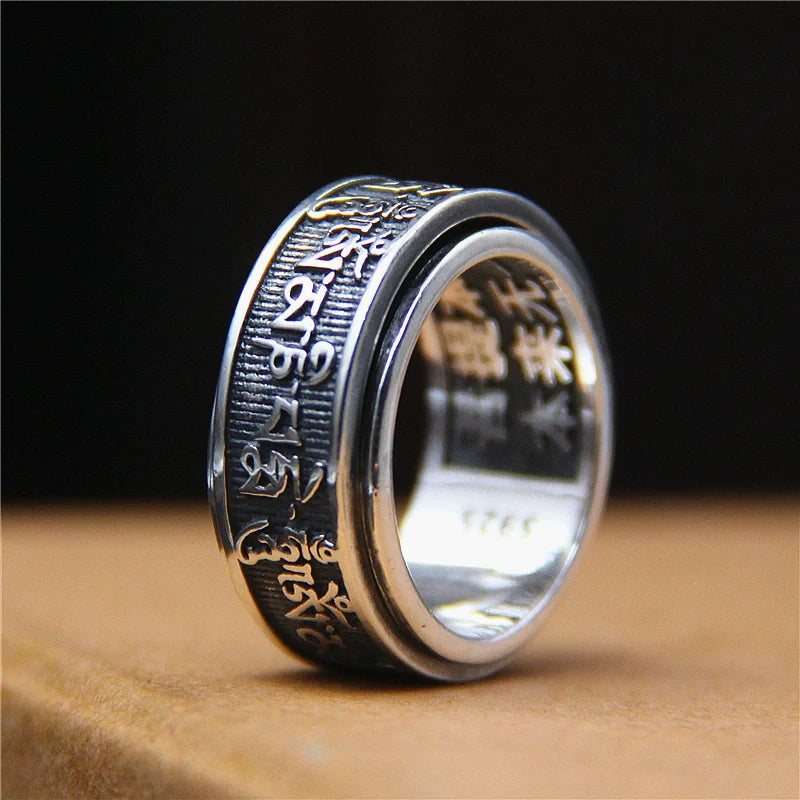 Rotatable Tibetan Sanskrit Six Character Mantra Sterling Silver Ring - Touch Bling