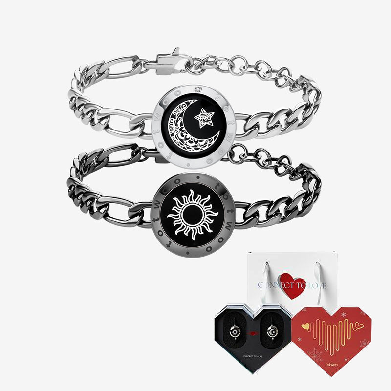 Sun&Moon Touch Bracelets with Figaro Chain (Black+Silver) - Touch Bling