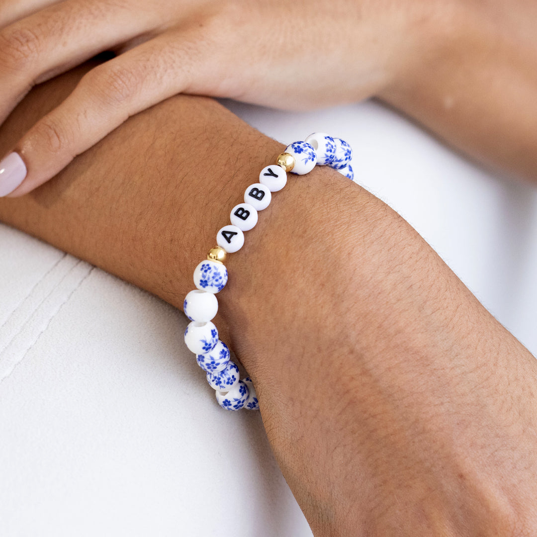 Custom Blue Porcelain Floral Beaded Name Bracelet