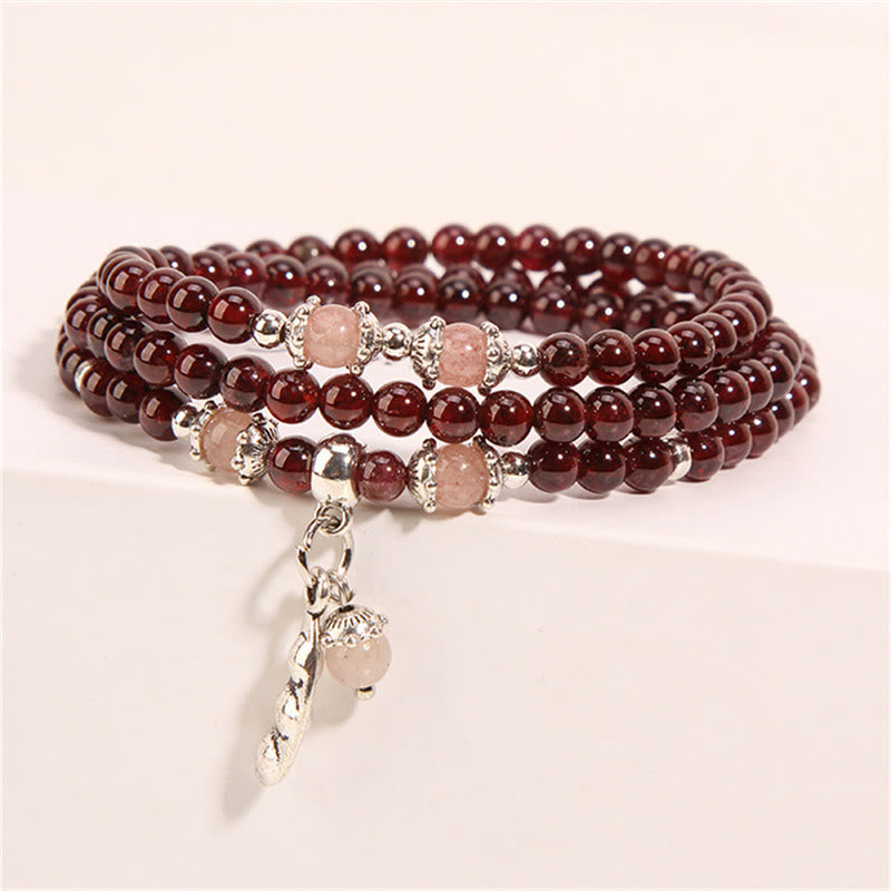 Buddha Stones Natürlicher Granat Erdbeerquarz Grüne Bohnen PiXiu Schutz Dreifach-Wickelarmband
