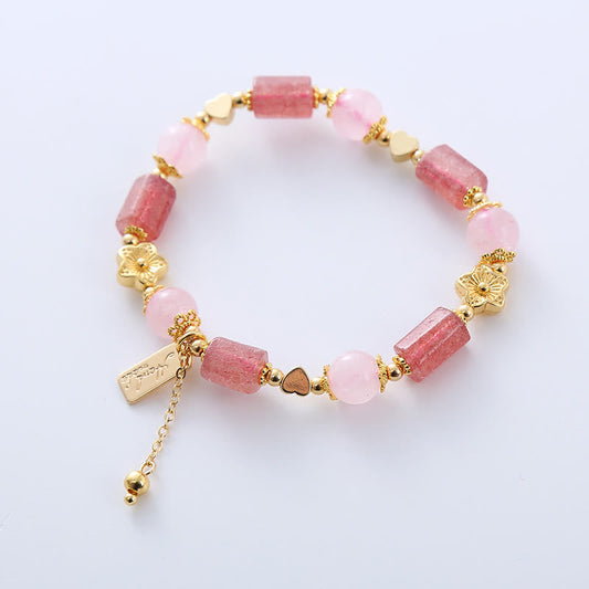 Pulsera positiva con corazón de amor y flor de cristal rosa y cuarzo fresa de Buddha Stones