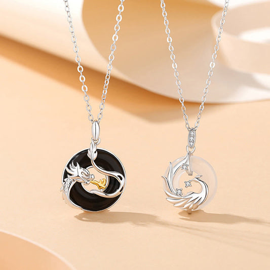 Collar con colgante de plata de ley 925 con piedras de Buda, año del dragón, ónix negro natural, calcedonia, dragón, fénix y hebilla de paz.