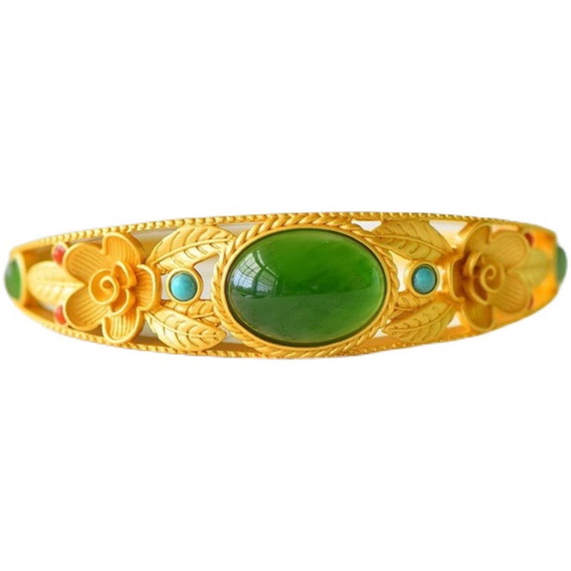 Buddha Stones Cyan Jade Weiß Jade Blume Blatt Harmonie Glück Armband Armreif
