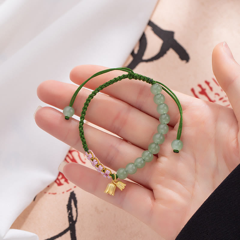 Pulsera trenzada con cuentas de jade de Buda, hecha a mano, con amuleto de lirio de los valles y la suerte