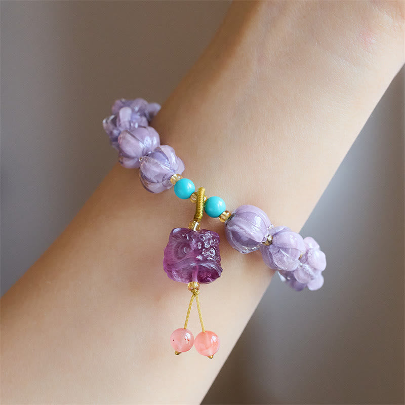 Pulsera de la Iluminación con Cuentas de Vidrio Liuli y Diseño de Loto, Fluorita, Marfil, Fruta, León Danzante