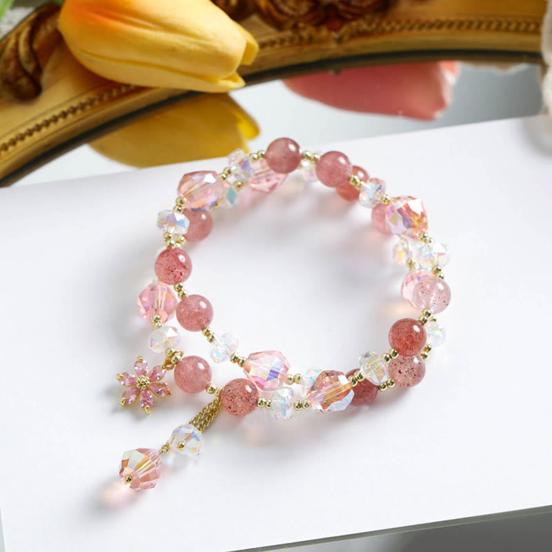 Pulsera curativa de doble vuelta con piedras de Buda, cuarzo fresa y flor de circón