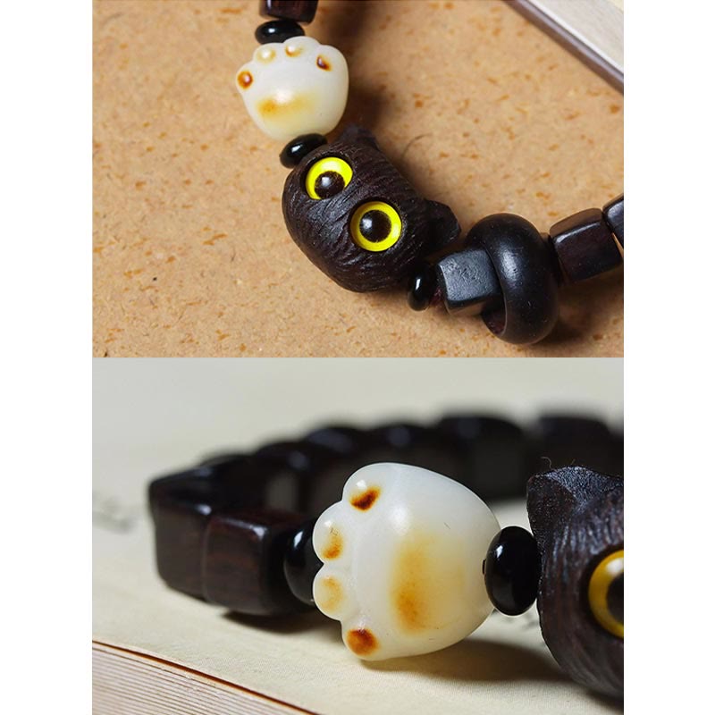Pulsera de cuentas cuadradas con garra de pata y semillas de bodhi de gato, de madera de ébano y piedras de Buda