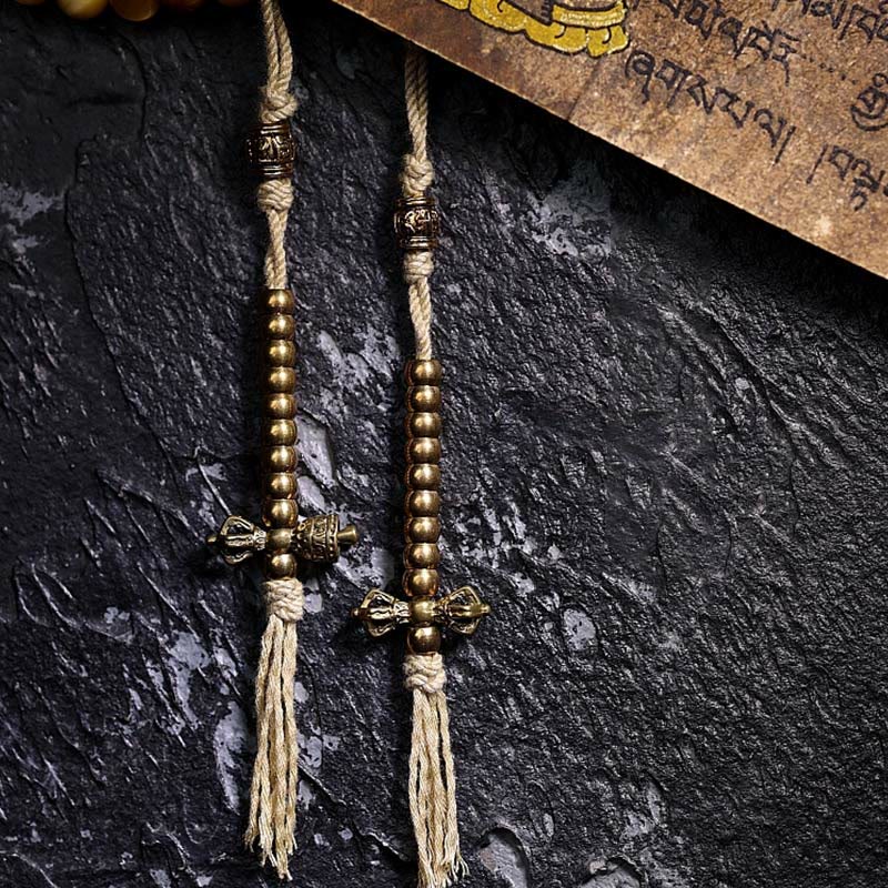 Buddha Stones 108 Mala-Perlen, natürliches Tigerauge, Kupfer, Dorje-Schutz, Quastenarmband