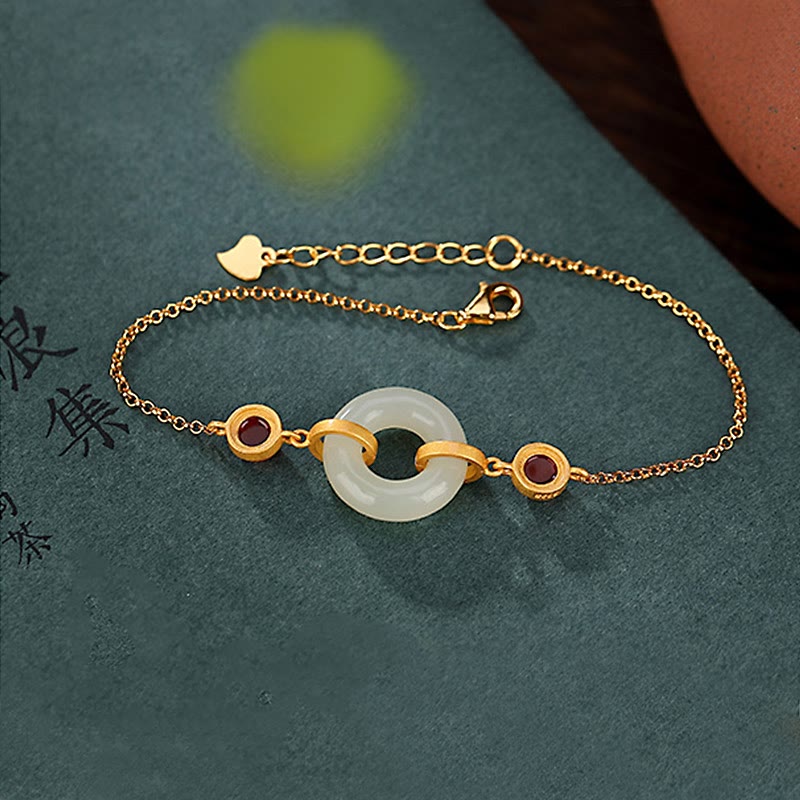 Pulsera de la suerte con piedras de Buda, plata de ley 925 bañada en oro, jade hetiano natural, hebilla de la paz y ágata roja
