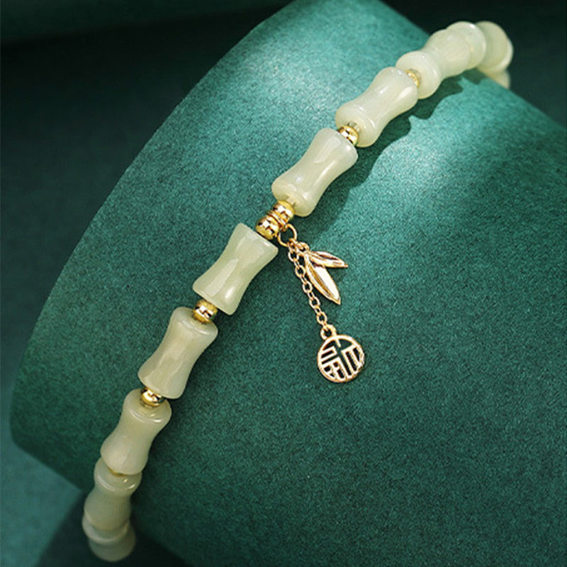 Pulsera con colgante de plata de ley 925 con piedras de Buda, jade hetiano, bambú y carácter Fu, símbolo de prosperidad