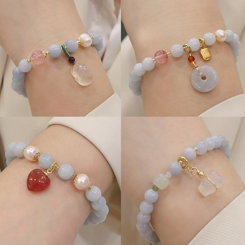 Pulsera con dije de gato, calabaza, conejo y calcedonia natural de aguamarina y piedras de Buda