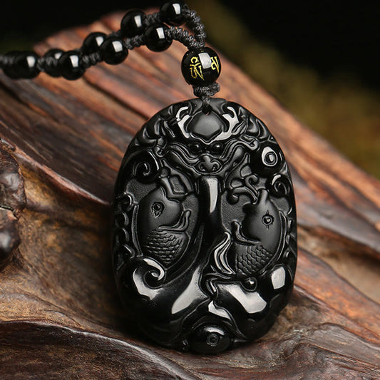 Collar con colgante de piedra de Buda, obsidiana negra, pez koi, cuerda de cuentas, fuerza de cumplimiento