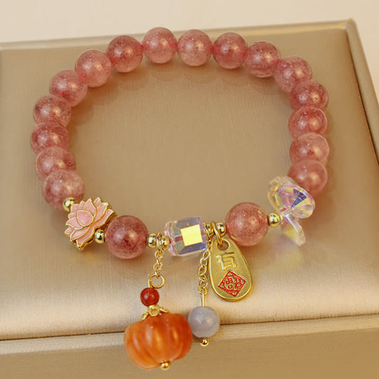 Pulsera con dije de calabaza y carácter Fu de cuarzo fresa natural de Buddha Stones