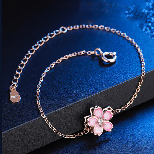 Pulsera de plata de ley 925 con piedras de Buda y cadena con bendición de flor de cerezo y anillo giratorio