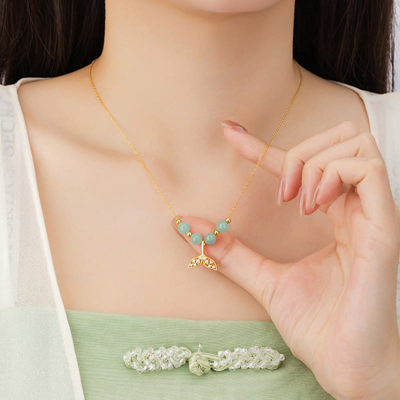 Collar con colgante de cola de pez de cuentas de jade hetiano de plata de ley 925 con piedras de Buda y la suerte