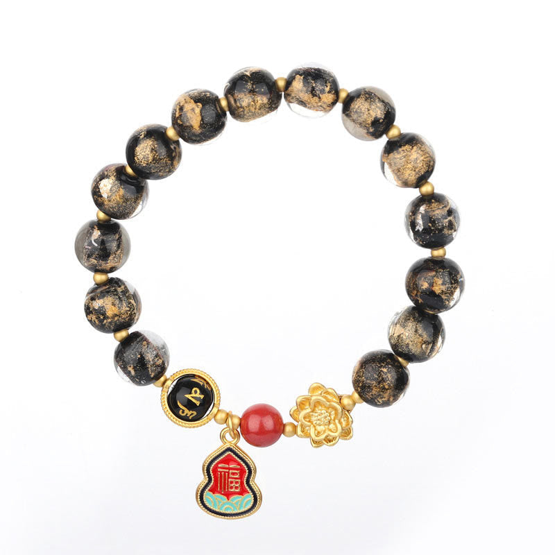 Pulsera de la suerte con cuentas de vidrio de loto y liuli con abalorios de calabaza del Tíbet con el símbolo Om Mani Padme Hum Fu de Buda