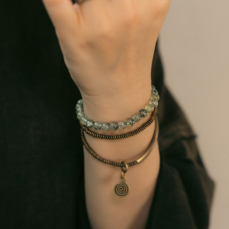 Pulsera de cobre con piedras de Buda, cuarzo hematoide rojo fantasma morado y cuarzo rutilado verde, amor y perdón