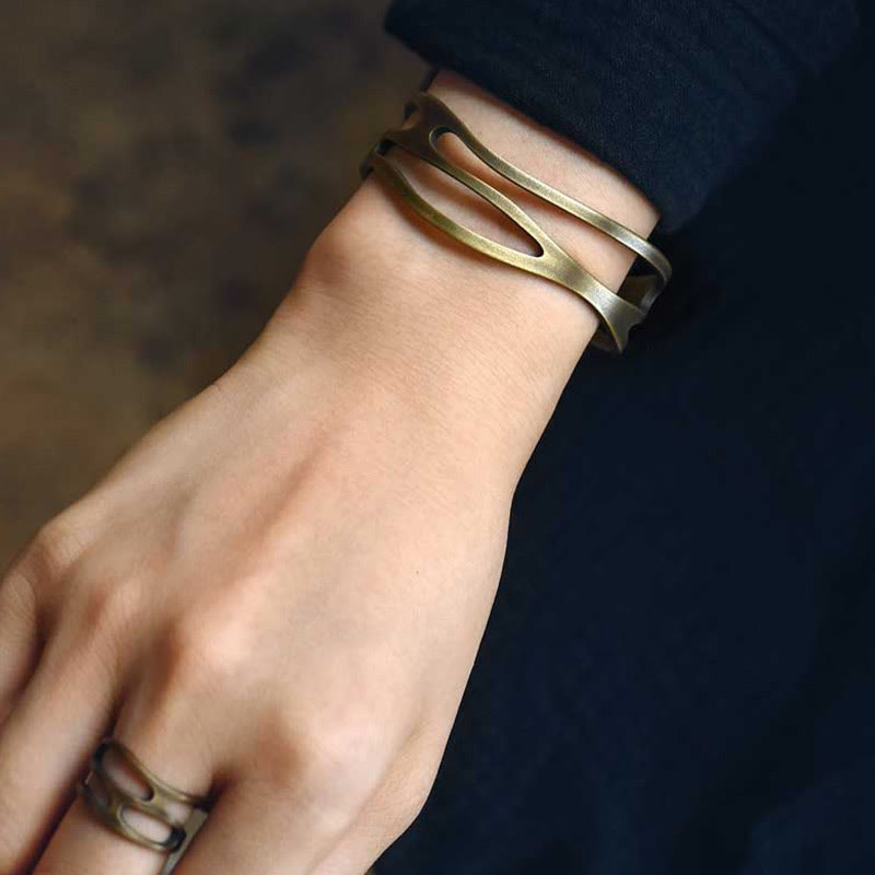 Brazalete ajustable de cobre y latón con piedras de Buda, estilo vintage, curvado y con símbolo de riqueza