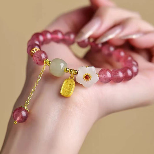 Pulsera curativa de cristal rosa con carácter Fu de cuarzo fresa y piedras de Buda