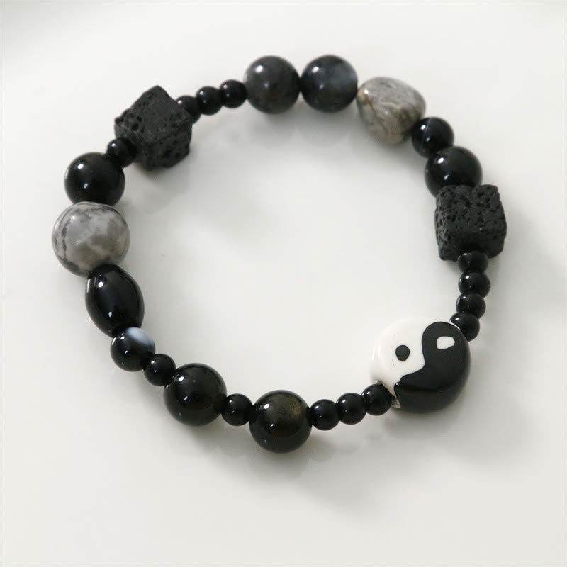 Pulsera de protección de la fortuna Yin Yang con cuentas de jaspe Picasso de ónix negro y piedras de Buda