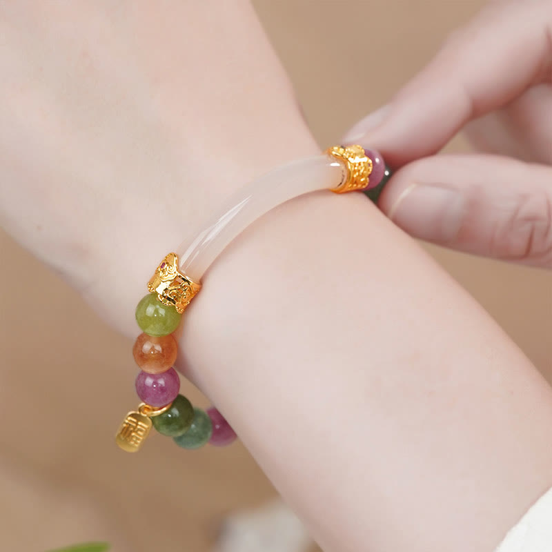 Pulsera con dijes de piedra de Buda, turmalina colorida, calcedonia y carácter positivo Fu