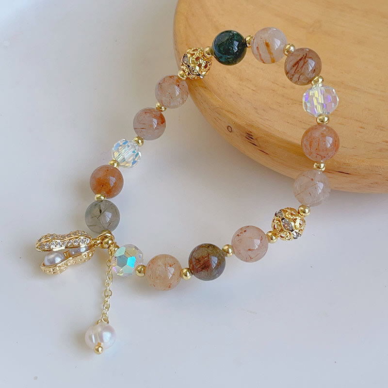 Pulsera con dije de cacahuete de la riqueza de cuarzo rutilado colorido y piedra solar de Buda