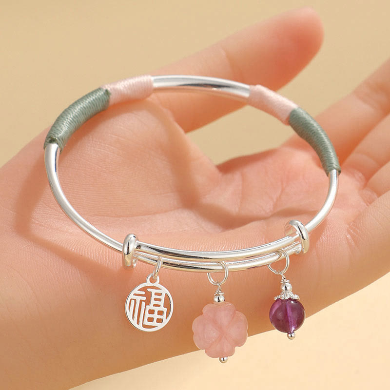 Pulsera de amor con flor de la suerte y hebilla de paz de cristal rosa con piedras de Buda