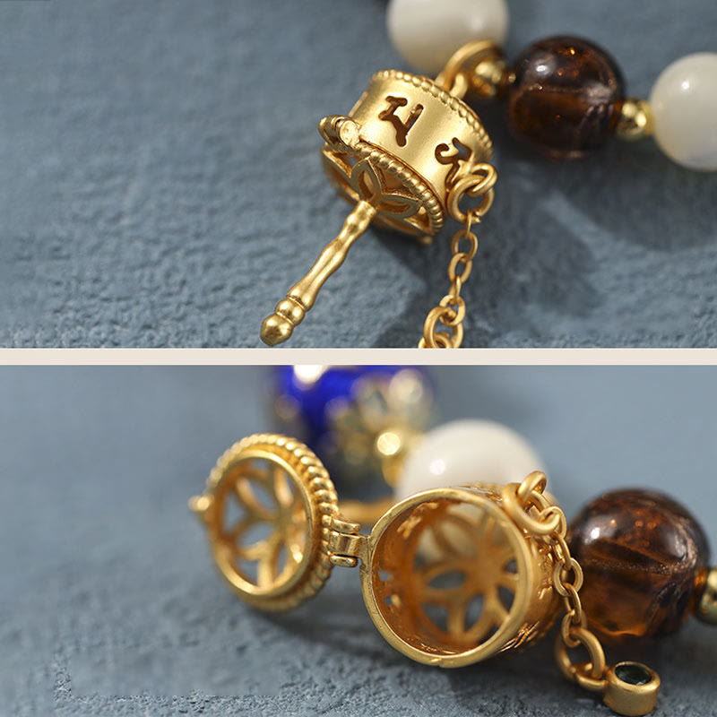 Pulsera con dijes de rueda de oración Om Mani Padme Hum, piedra de Buda, incienso tibetano, ceniza, vidrio Liuli, piedra Tridacna, piedra del sol