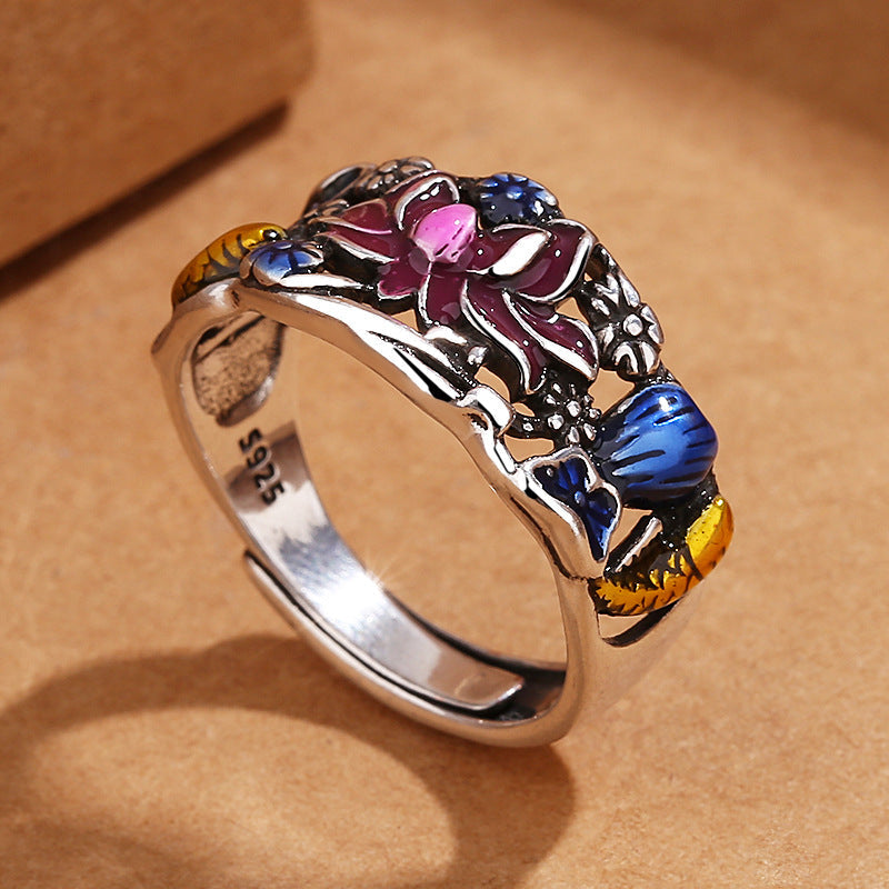 Anillo de la suerte y la riqueza con diseño de hoja de flor de loto y pez koi de Buda