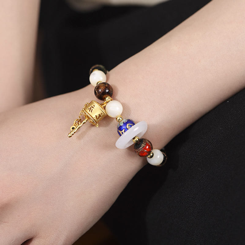 Pulsera con dijes de rueda de oración Om Mani Padme Hum, piedra de Buda, incienso tibetano, ceniza, vidrio Liuli, piedra Tridacna, piedra del sol