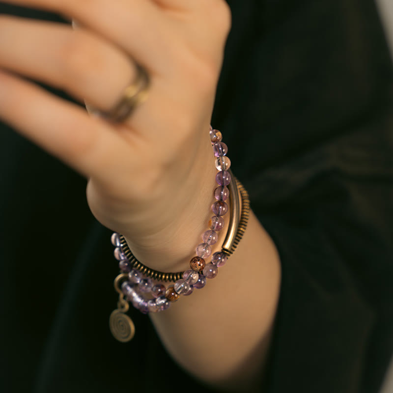 Pulsera de cobre con piedras de Buda, cuarzo hematoide rojo fantasma morado y cuarzo rutilado verde, amor y perdón