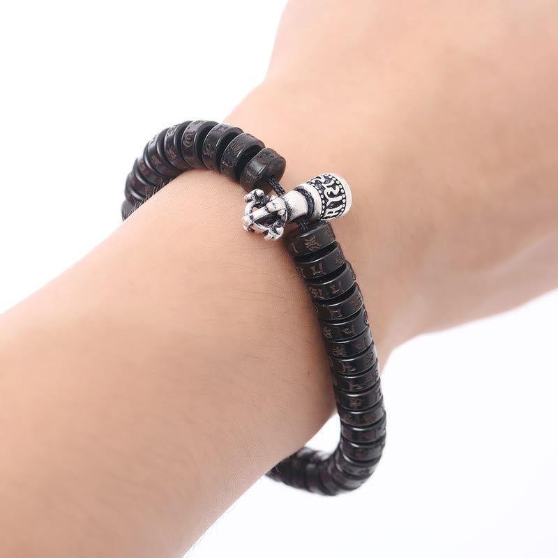 Pulsera de hilo de la felicidad con campana Vajra Dorje Om Mani Padme Hum tallada en cáscara de coco del Tíbet con piedras de Buda