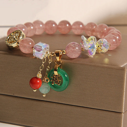 Pulsera curativa con dijes de jade fu y cuarzo fresa de Buda